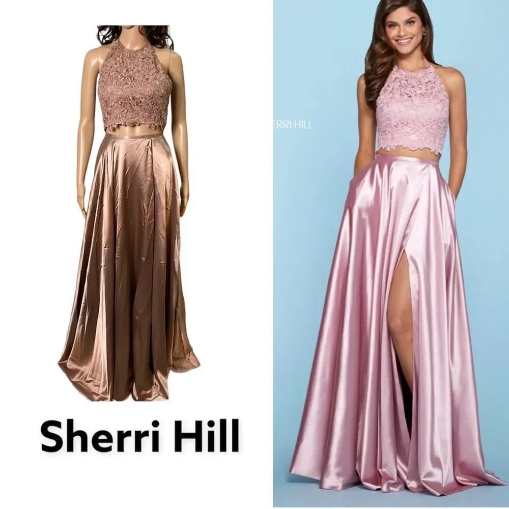 NEW SHERRI HILL Style 53268 Two Pieces Dress Lace Satin Maxi Gown Mocha 2